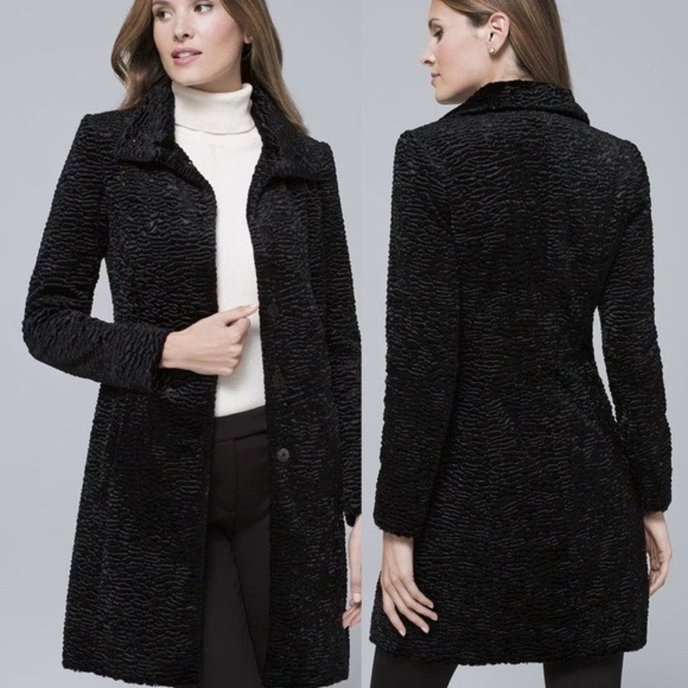 White House Black Market Black Faux Persian Fur Coat high collar button closure